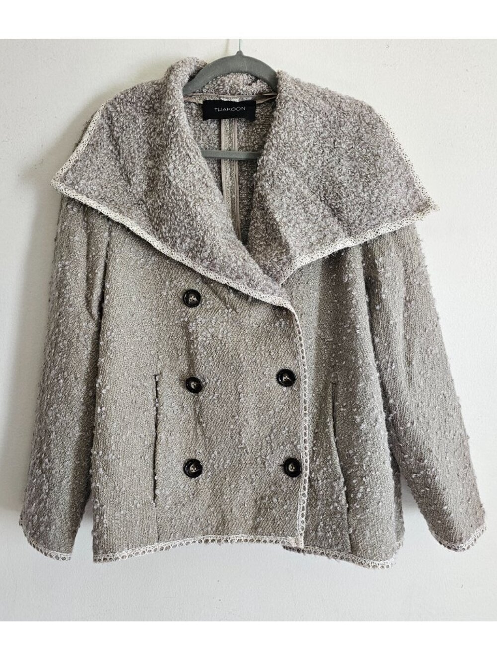 Thakoon Wool Mohair Alpaca Blend Double-Breasted Boucle Jacket Blazer 6 Taupe